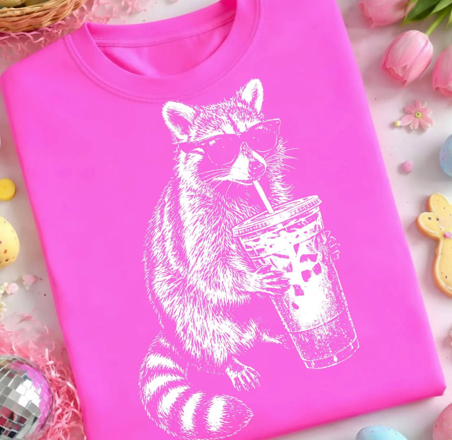 Raccoon with iced coffee