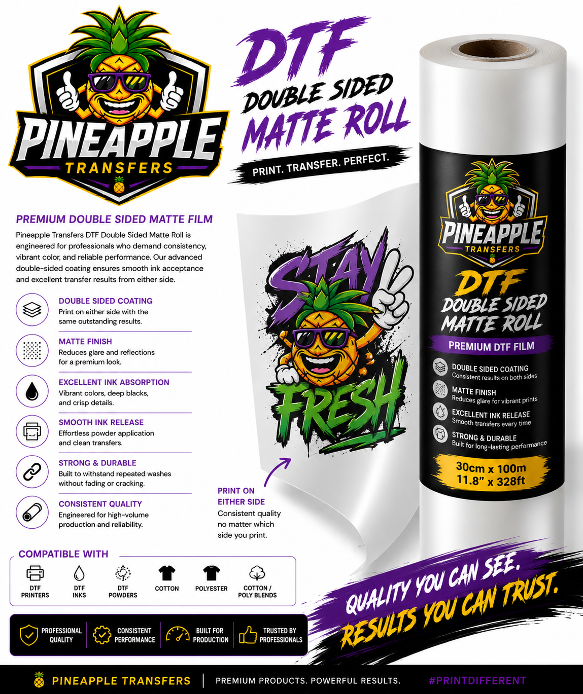 Pineapple Transfers™ Premium Double-Sided Matte DTF Film Roll
